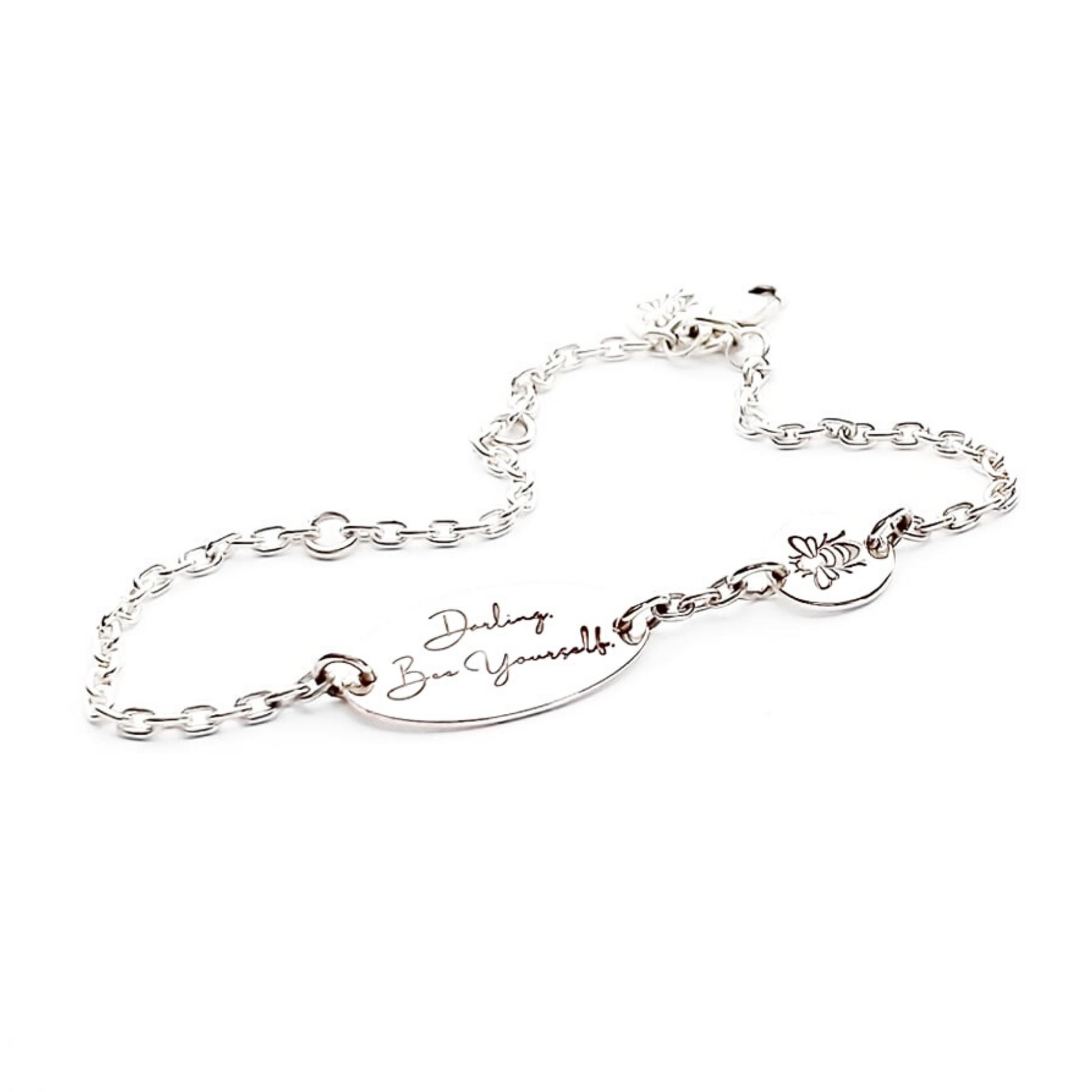 Children's ID bracelet with motivational text and bee motif. Made from ethically sourced sterling silver.