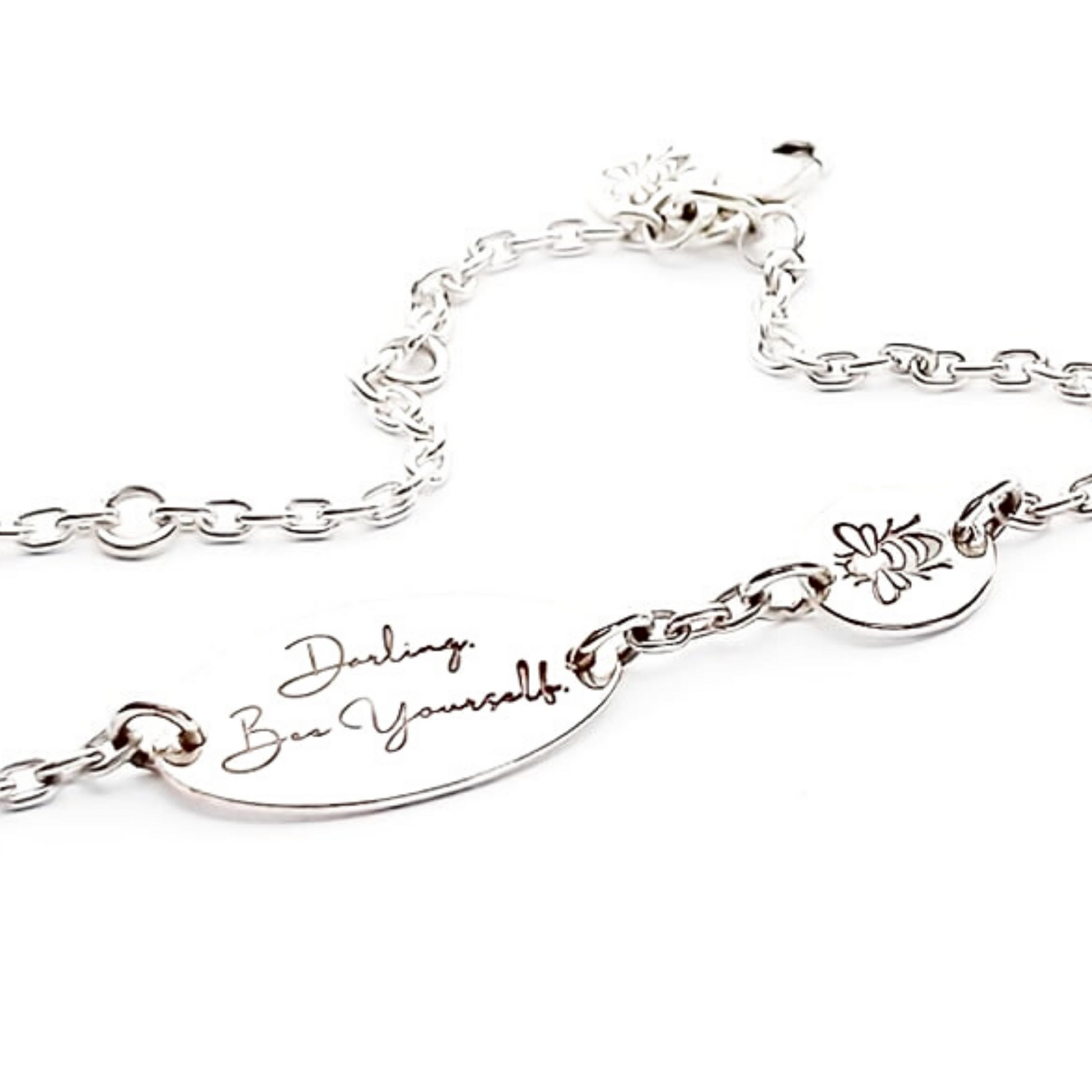 Close up of Bee Yourself ID bracelet with Bee made from sterling silver.